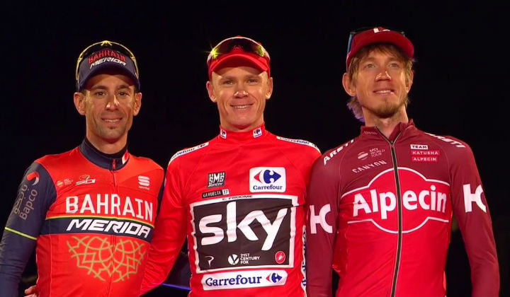 Chris Froome accompanied on the podium by Vincenzo Nibali and Ilnur Zakarin